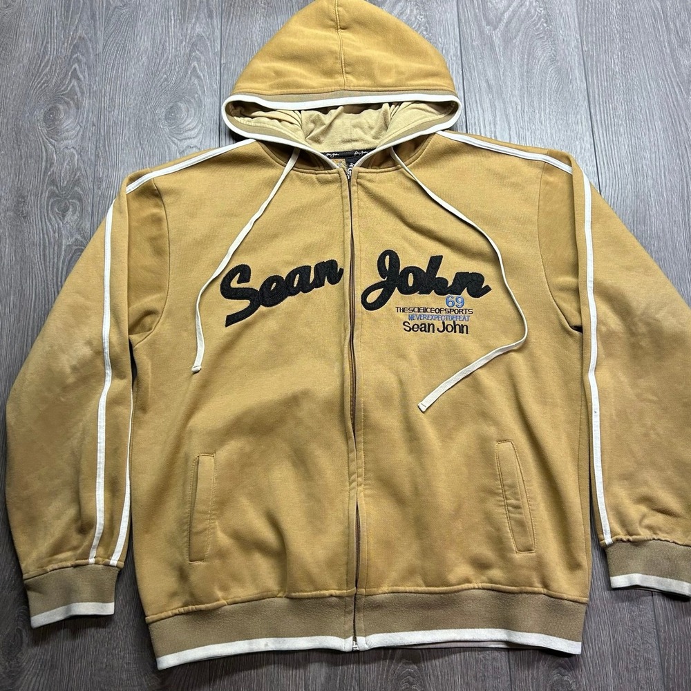 Sean John Mens XXL Tan Y2K Full Zip Hoodie Script Logo Racing Stripe Sweatshirt